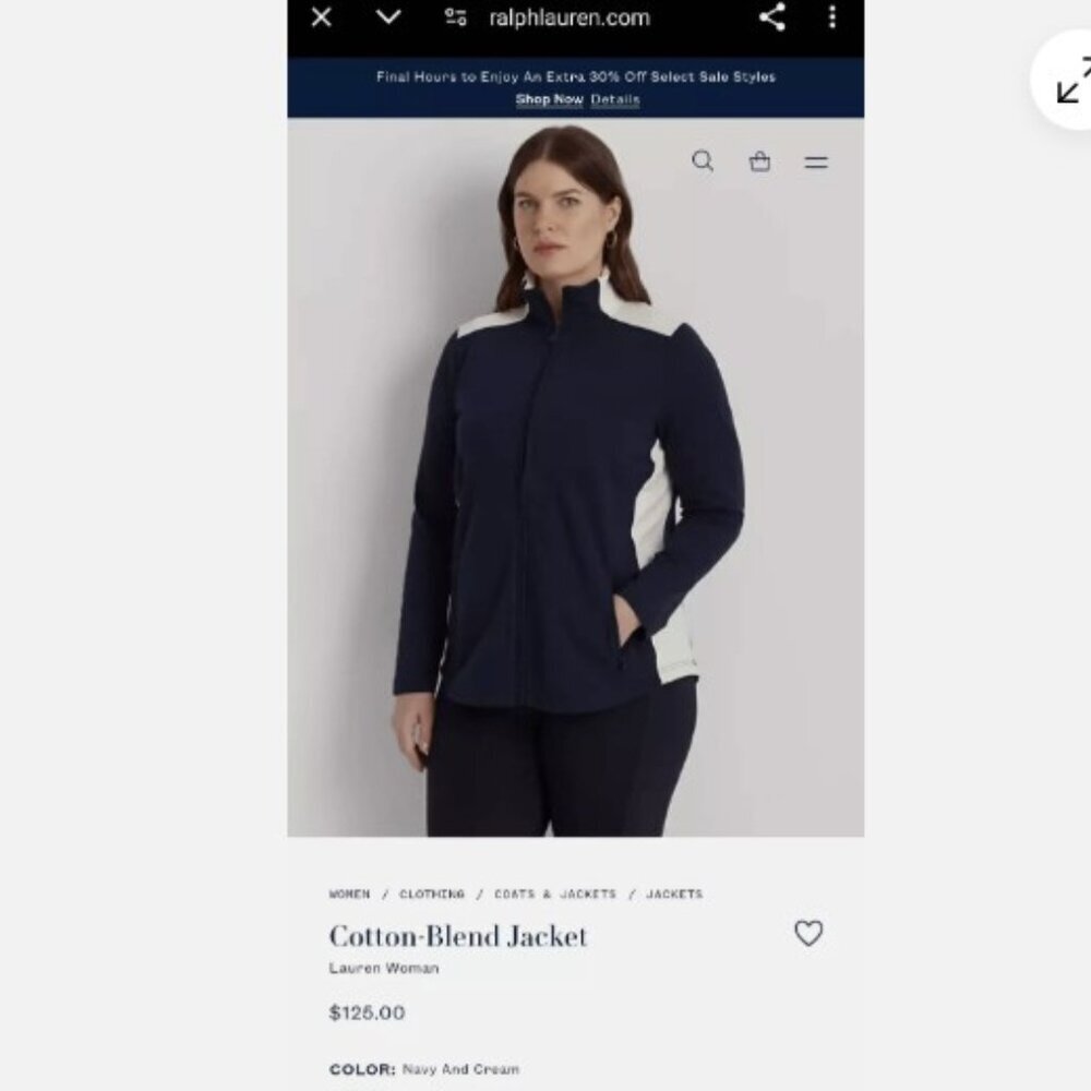 LAUREN RALPH LAUREN SZ 1X Black Label Navy & Cream Cotton Blend Full Zip Jacket